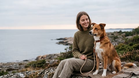 Kvinna sitter på en klippa vid havet med en rödbrun hund kopplad bredvid sig.