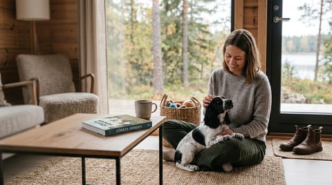 Kvinna sitter på golvet i ett vardagsrum och klappar en svartvit springer spaniel som ligger i hennes knä.